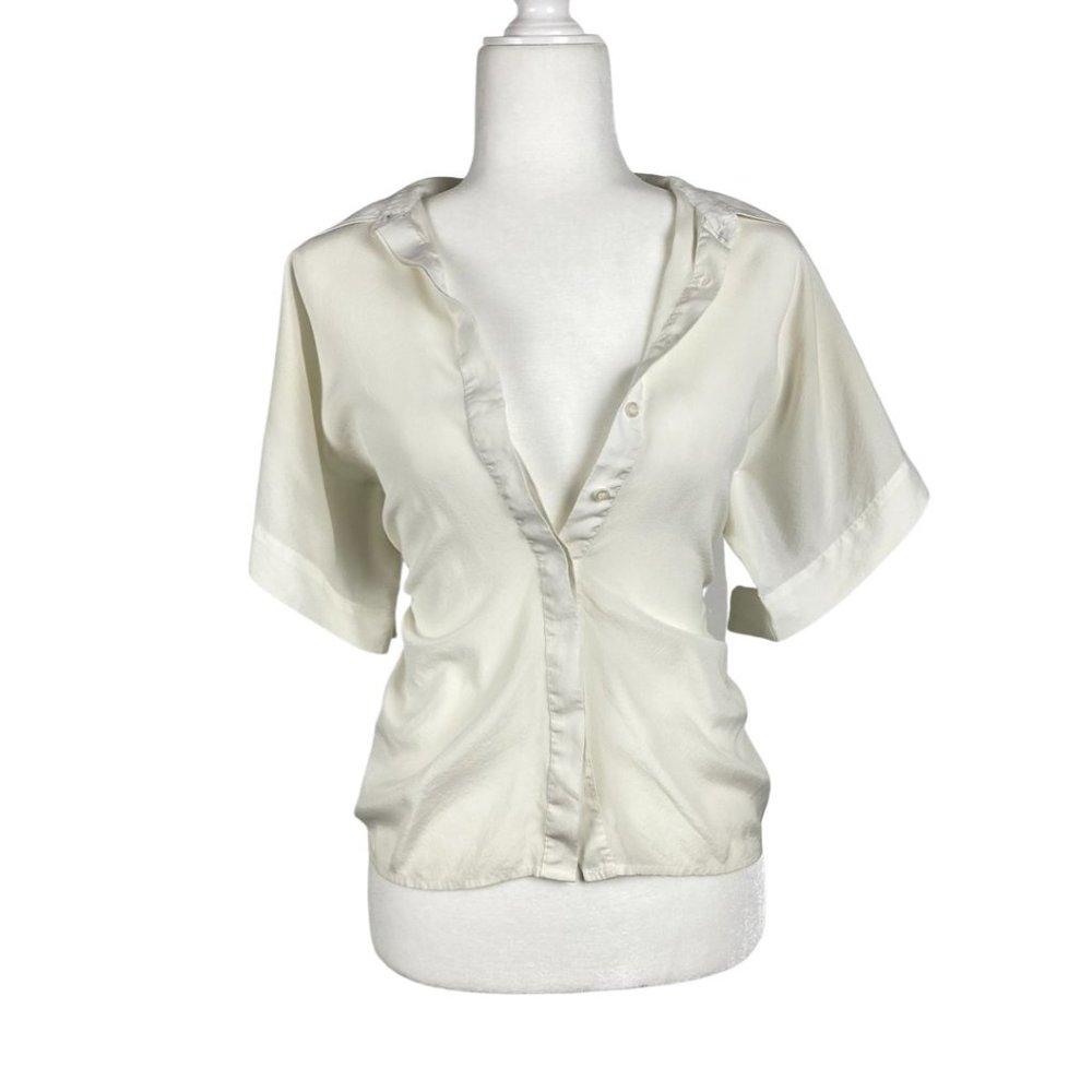Bebe Bat Wing White Button Down Collared Vneck Top - image 3